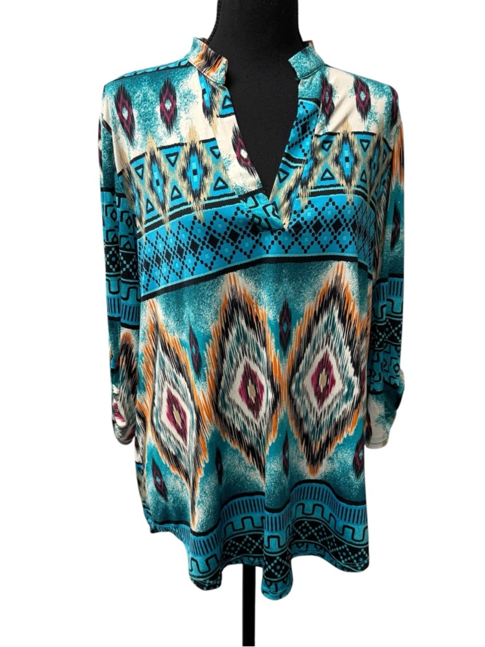 The Hanger Boho Ikat Tunic Top Teal Black Tribal Print Long Sleeve Blouse